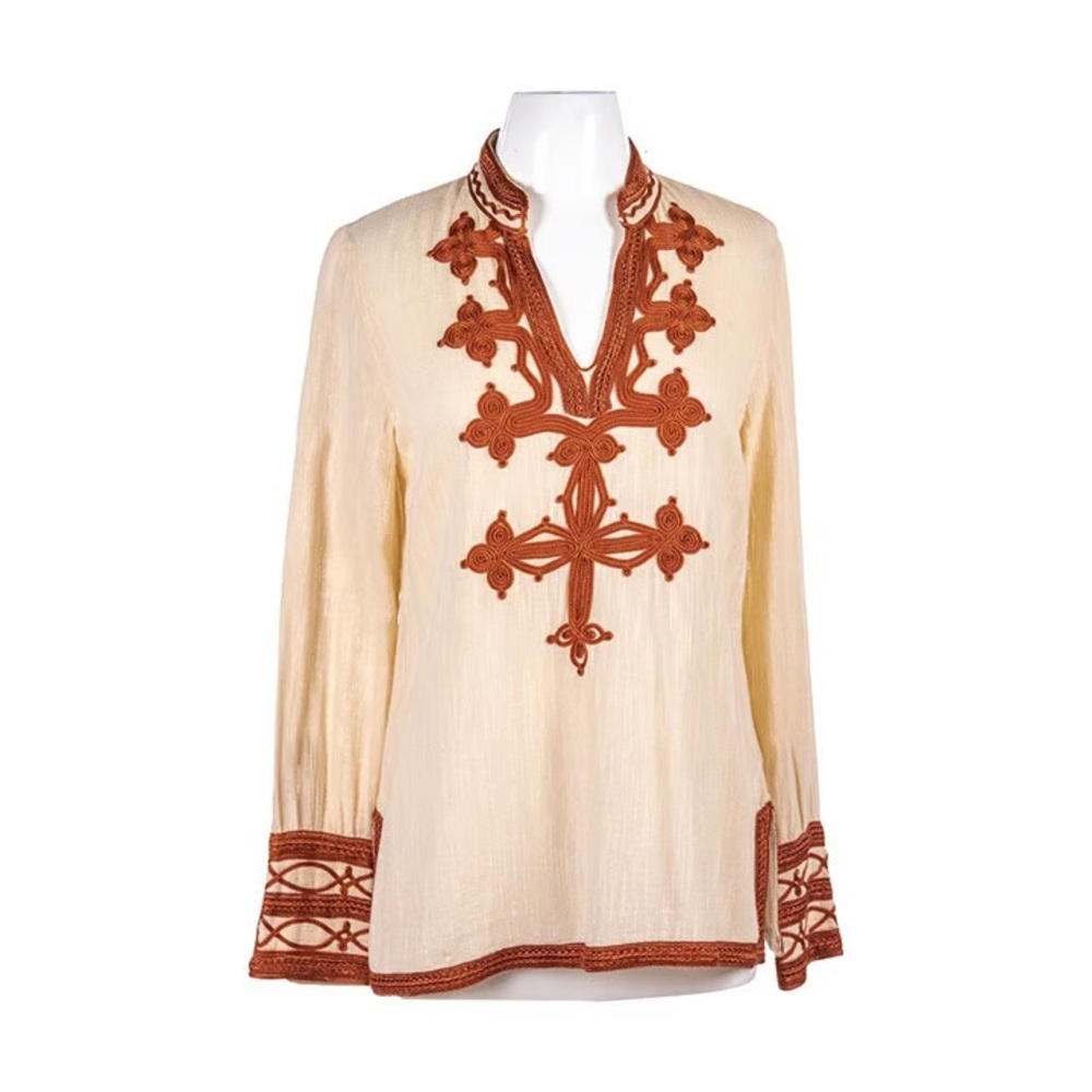 Lucky Brand Cream and Brown Embroidered Tunic